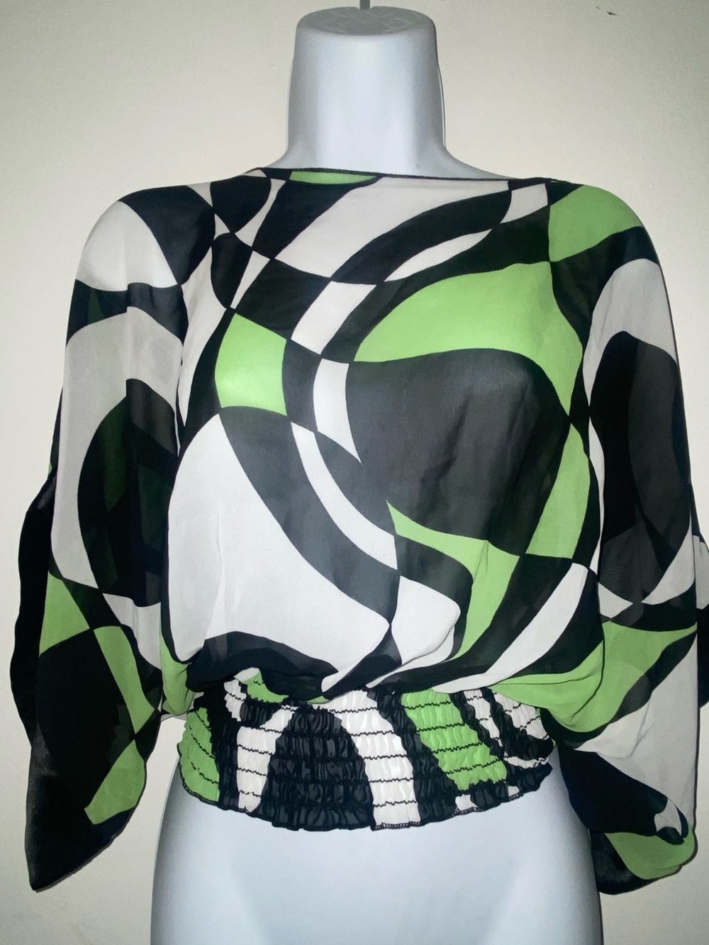 MKM Designs Abstract Smocked Waist Dolman Top in Green, Black & White